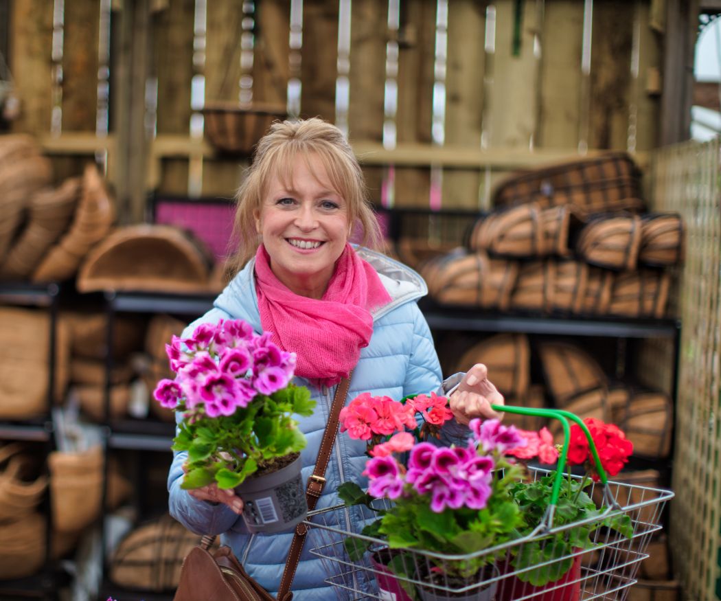 Lächelnde Frau mit Einkaufskorb voller pinker, rosa und roter Geranien vor Holzwand.